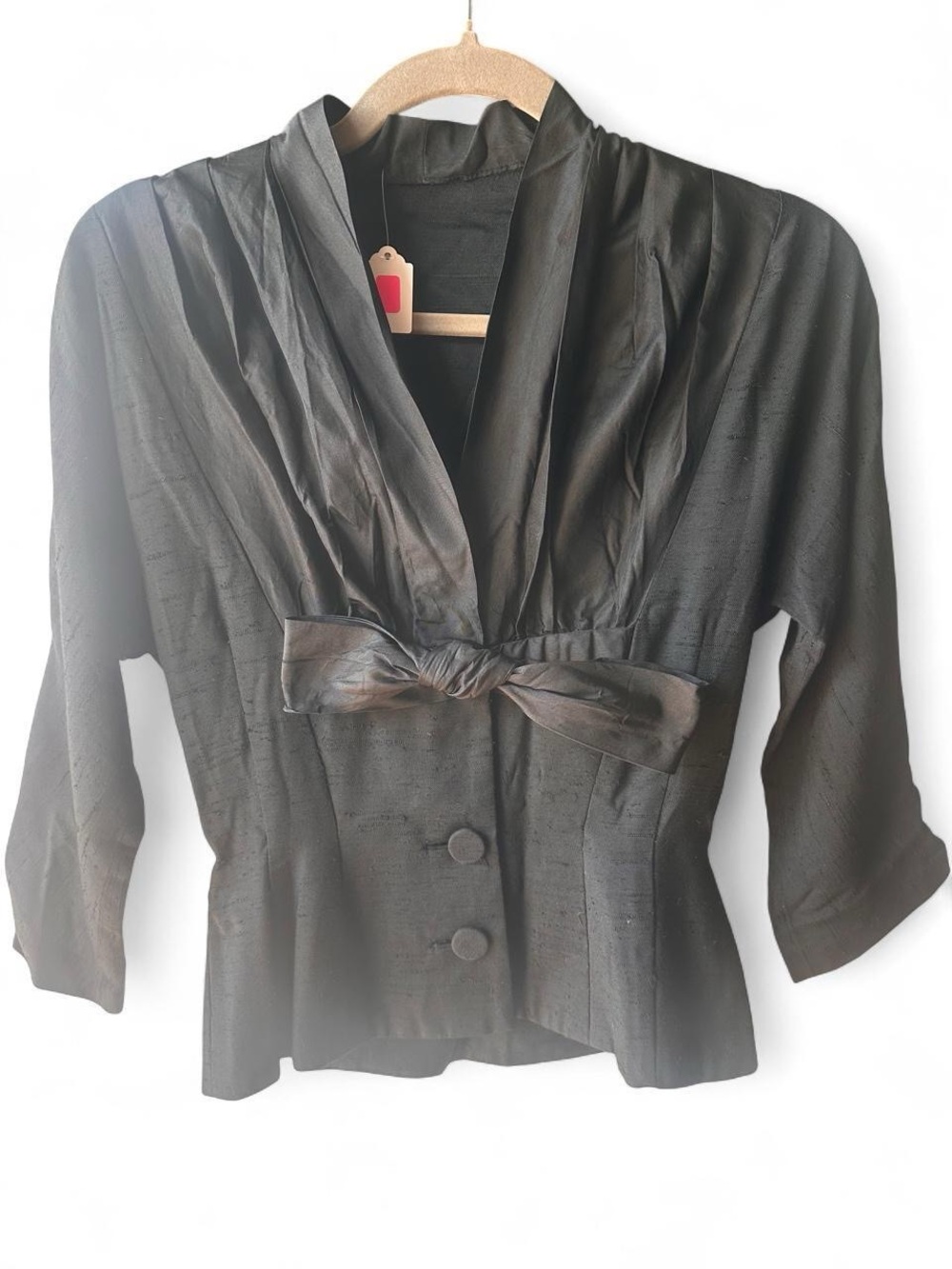 Vintage 1940s Black Textured Silk V-Neckline Collared Tie Front Peplum Blouse